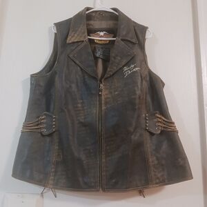 Harley Davidson Vest Womans Brown 2W Distress Lace And Spikes Zipper